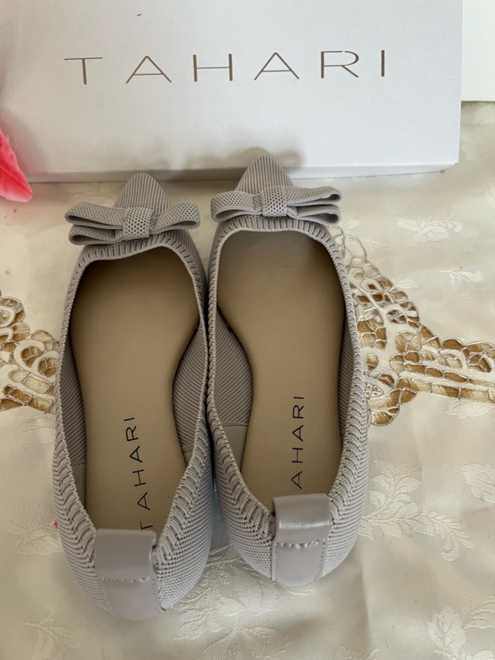 Tahari Pointed Bow Knit Flats in Taupe - Picture 2 of 5